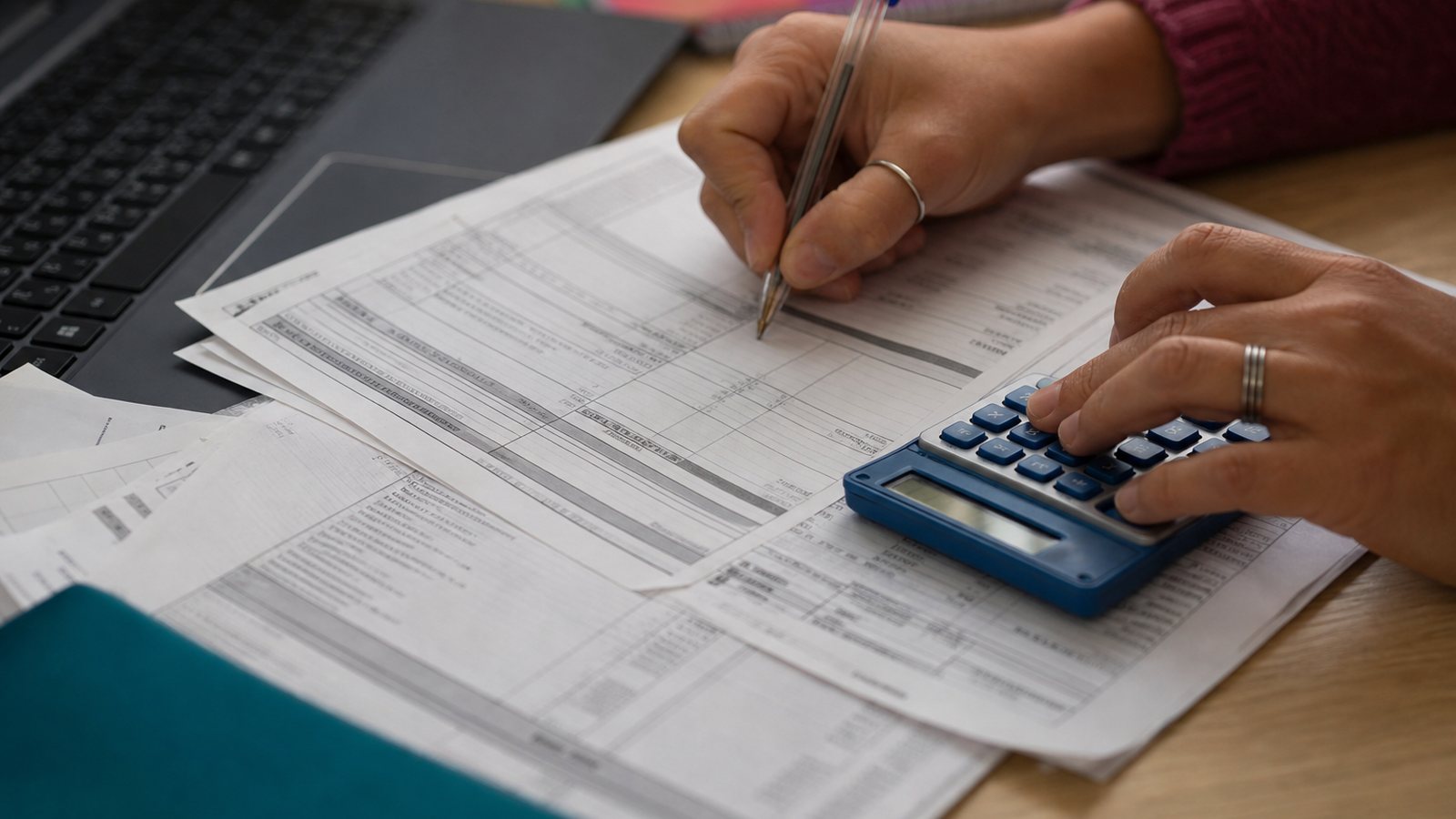 Parent employeur vérifiant à sa table les lignes du bulletin de paie de sa nounou
