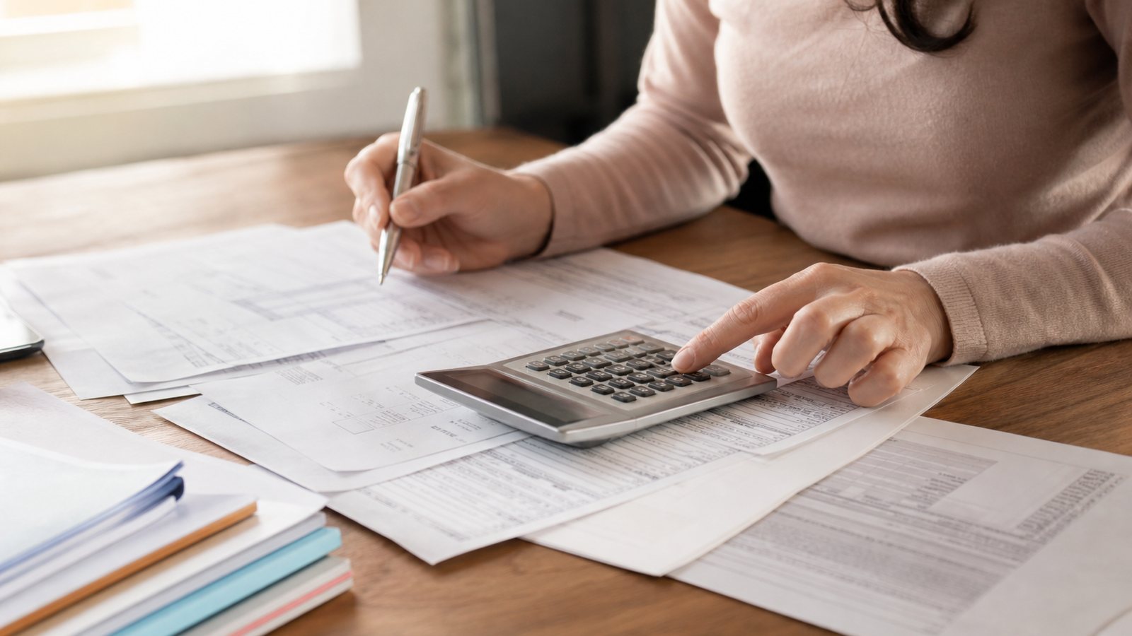 Parent employeur calculant à la calculatrice le salaire net et brut de sa garde d'enfants