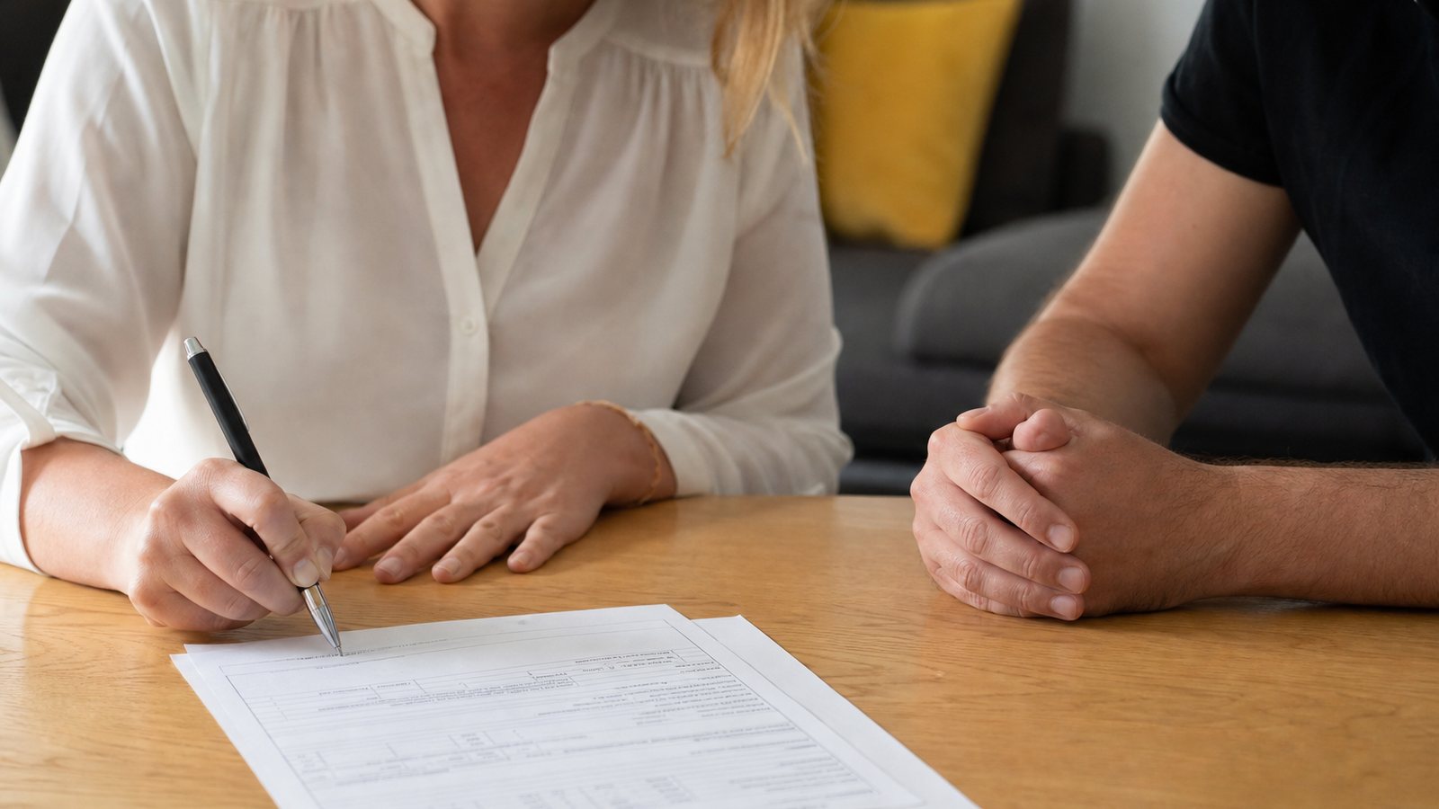 Parent employeur et garde d'enfants signant ensemble le contrat de travail sur la table du salon