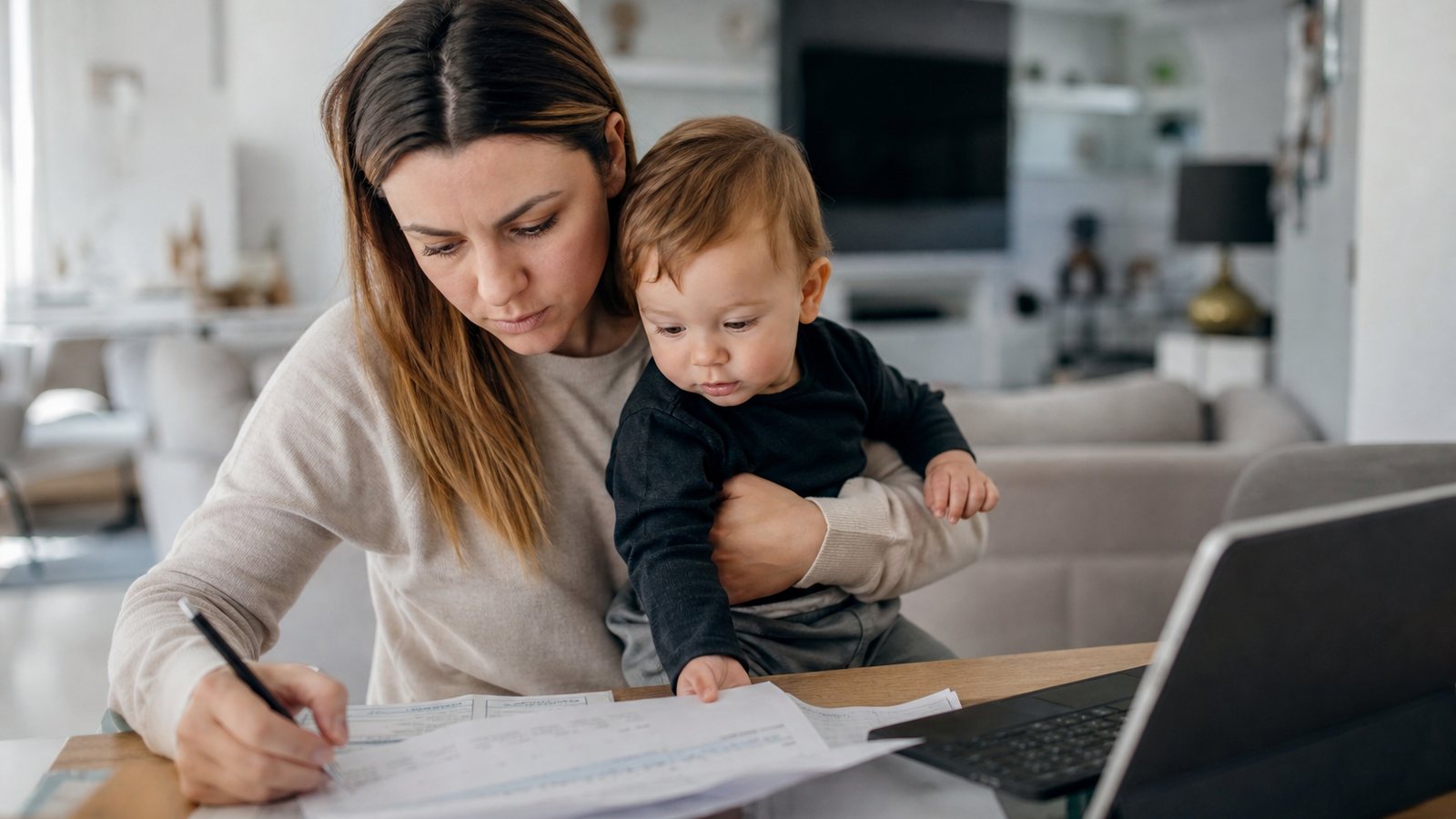 Parent employeur accueillant chez lui la garde d'enfants venue s'occuper de son jeune enfant