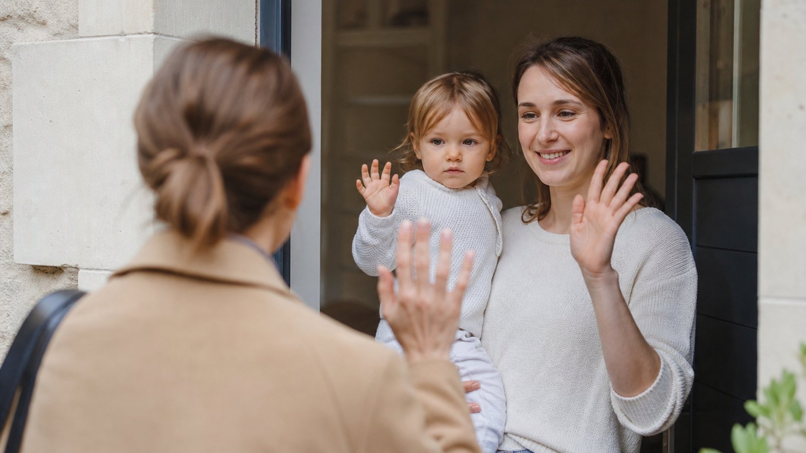Parent et garde d'enfants se disant au revoir sur le pas de la porte en fin de contrat